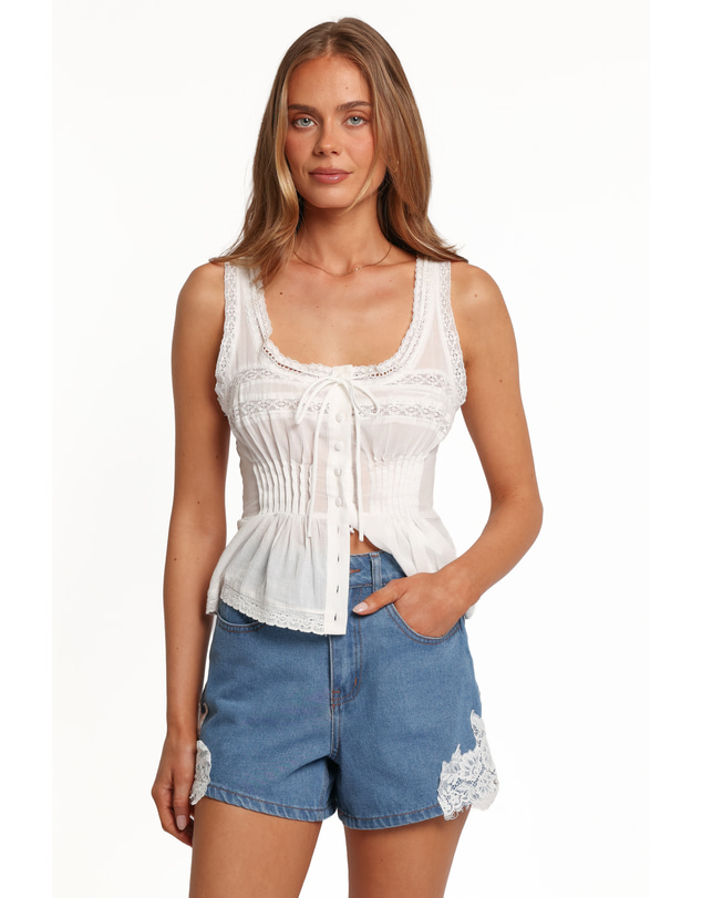 Petal & Pup - Chiara Lace Applique Denim Shorts - Vintage Blue Wash