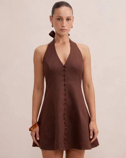 Forever New Petite - Ina Petite Halter Neck Linen Mini Dress