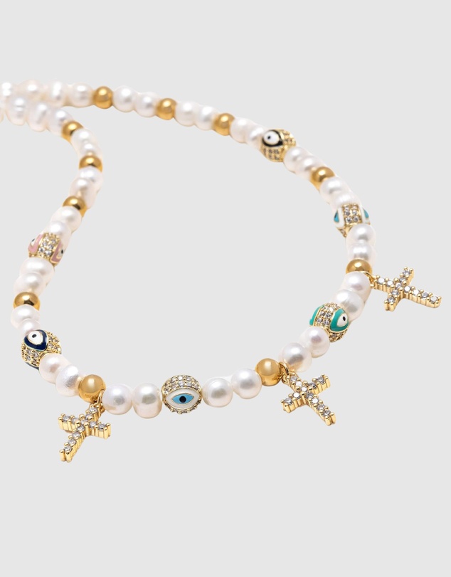 Nialaya Jewellery - Men's Cross Pearl Choker with Evil Eyes