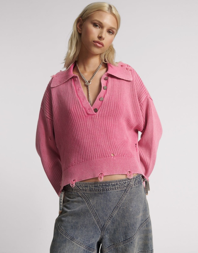ONE TEASPOON - Rib College Pullover Sweater - Pink