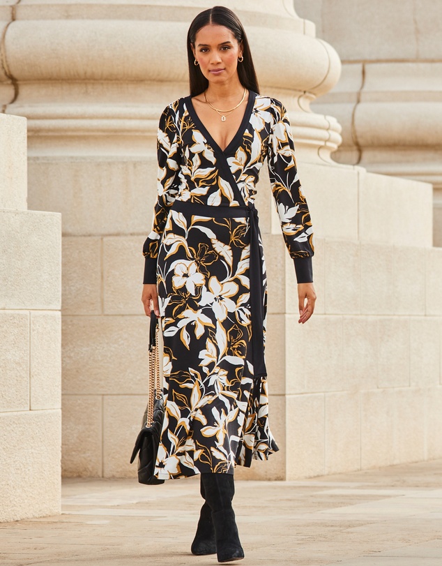 Sosandar - Floral Print Contrast Trim Midi Wrap Dress