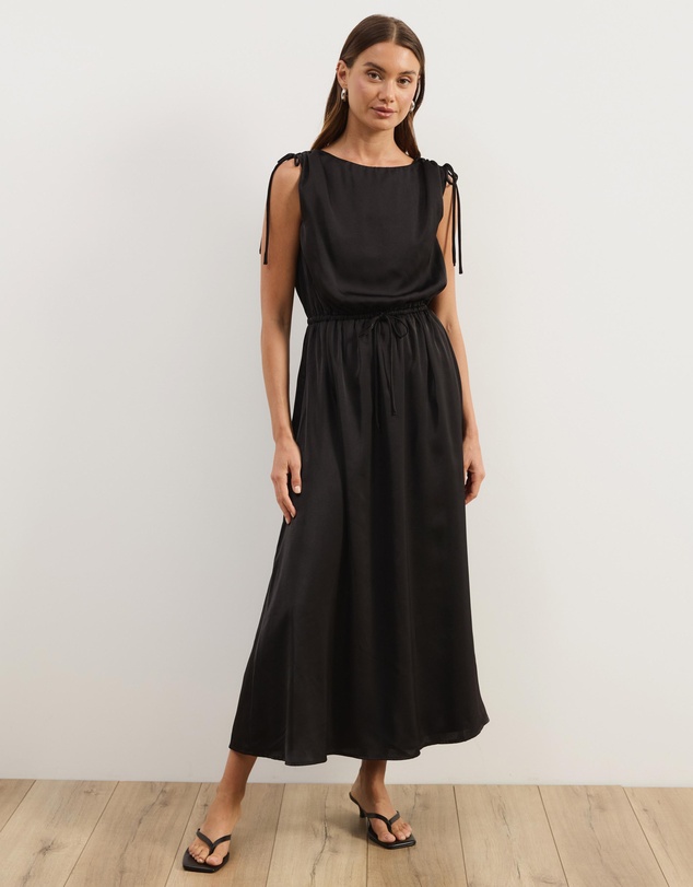 Atmos&Here - Danni Satin Shoulder Tie Midi Dress