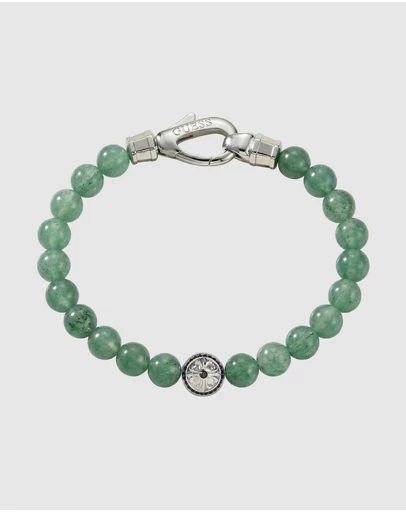 GUESS - GUESS Mens 6mm Round Green Tiger Eye Stone Beads Bracelet