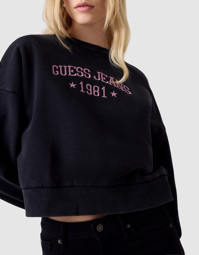 GUESS Jeans - GUESS JEANS Drop Shoulder Embroidered Cropped Sweatshirt