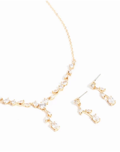 Lovisa - Gold Cubic Zirconia Flower Vine Necklace & Drop Earrings Set