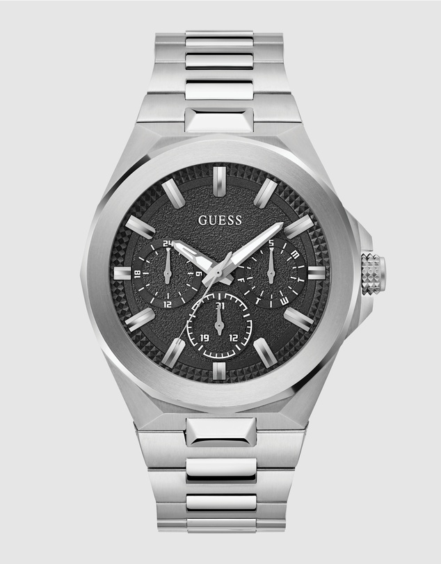GUESS - Silver-Tone Multi-function 46mm Black Dial Men's Watch