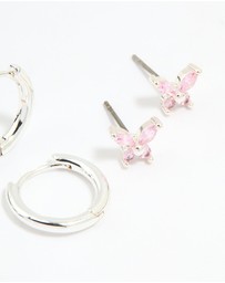 Lovisa - Silver Plated Brass Pink Cubic Zirconia Pave & Butterfly Stud Earrings 4-Pack