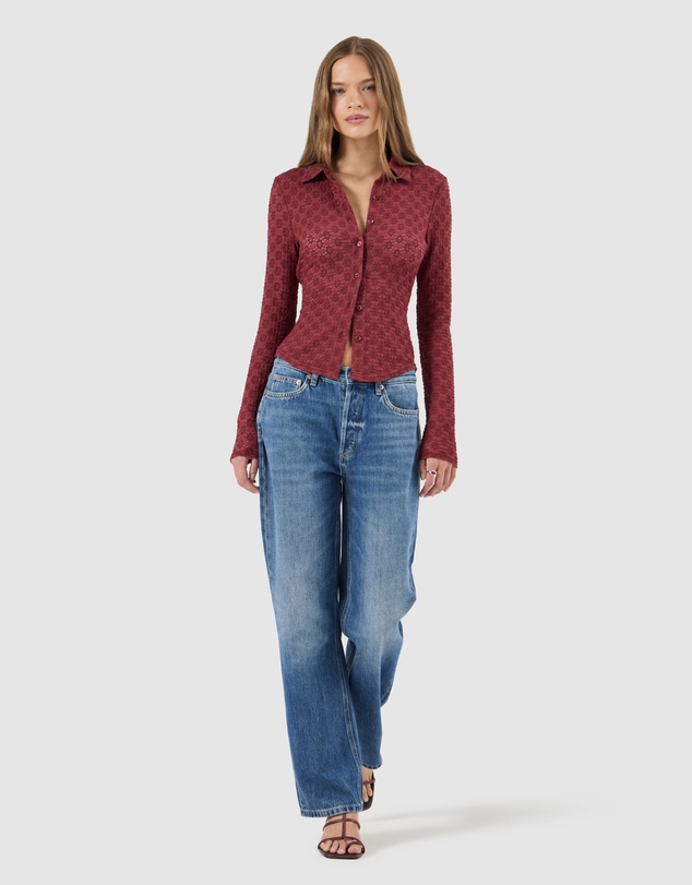 Rolla's - Daisy Lace Long Sleeve Shirt - Dark Cherry