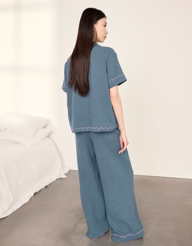 Chelsea Peers - Leopard Embroidery Short Sleeve Revere and Wide Leg Pyjama Set