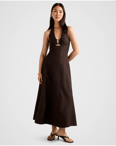 Forever New - Angie Hardware Halter Neck Linen Midi Dress