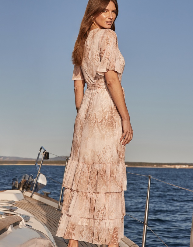 Sosandar - Snake Print Tiered Hem Wrap Jersey Midi Dress