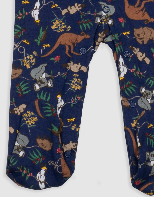 B Free Intimate Apparel - Baby Snap Button Sleepsuit with Booties - 100% Organic Cotton - Navy Native Aussie Animals