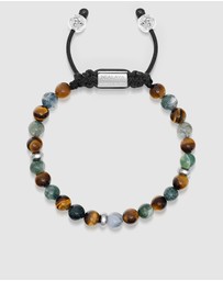 Nialaya Jewellery - Men's Beaded Bracelet with Aquatic Agate, Brown Tiger Eye and Silver
