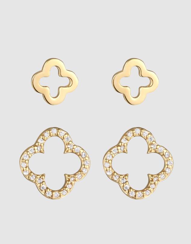 Elli Jewelry - Earrings Set Zirconia Cloverleaf 925 Sterling Silver Gold-Plated