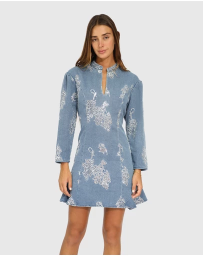 Belle & Bloom - Heart You Denim Beaded Mini Dress