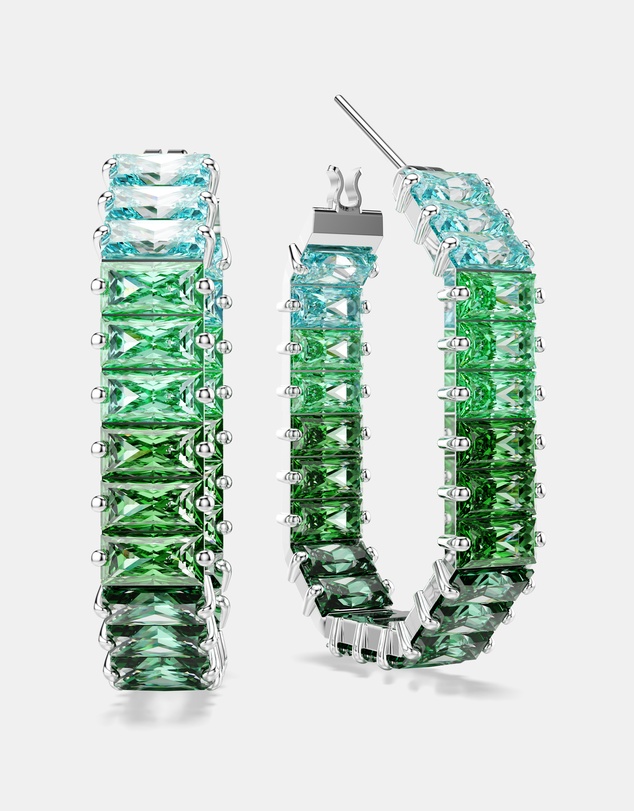 Swarovski - Matrix Hoop Earrings, Baguette Cut, Octagon Shape, Colour Gradient, Green, Rhodium-Plated