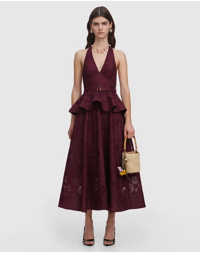 Self Portrait - Linen Peplum Midi Dress