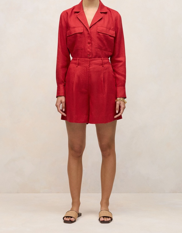 Trenery - Linen Tailored Short in Cherry Red
