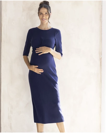 Angel Maternity - Annabella Nursing Knit Ribbed Dress in Navy