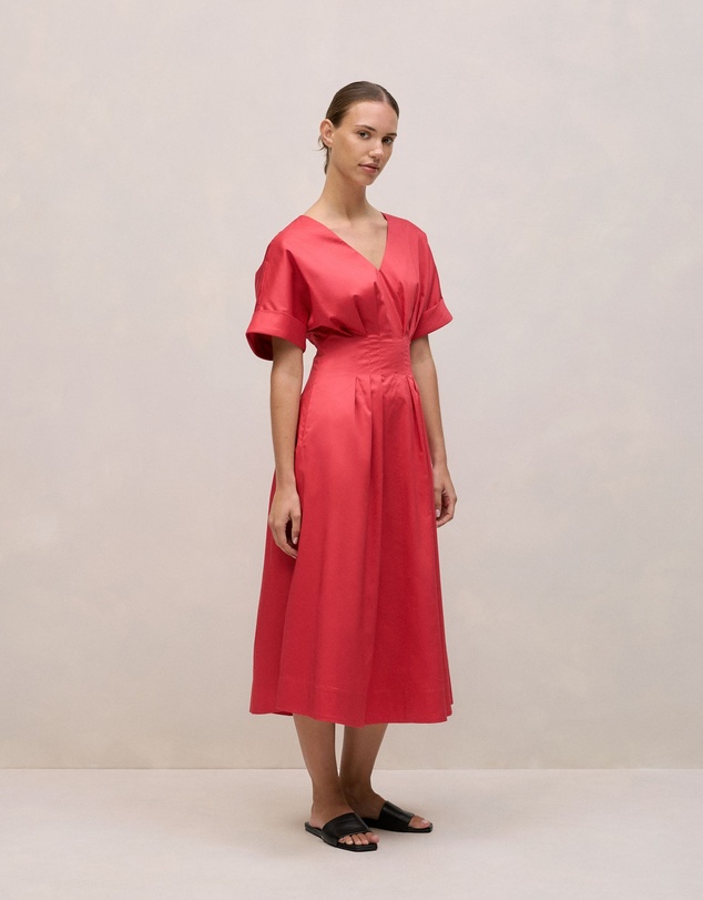Trenery - Cotton Sateen Pleat Waist Dress in Crimson