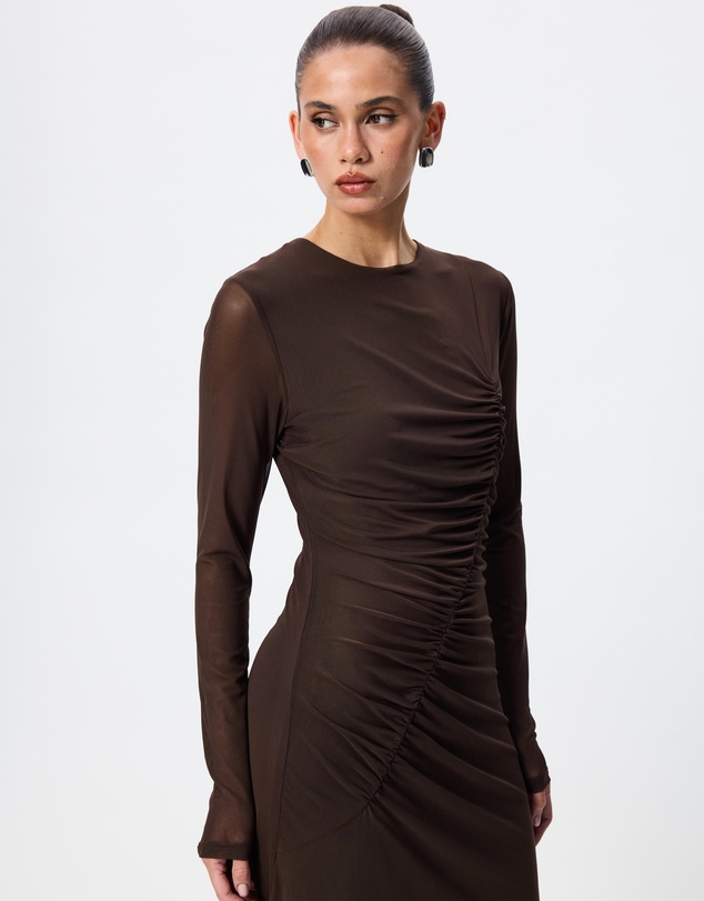 Tussah - Ivy Ruched Detail Long Sleeve Mesh Maxi Dress