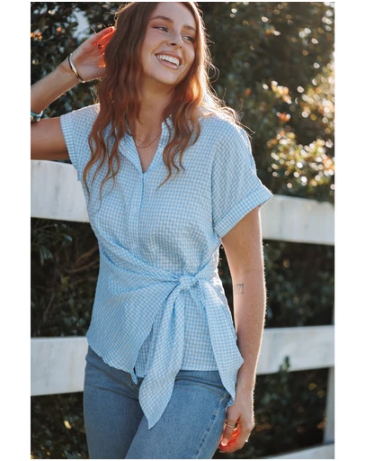 Petal & Pup - Shiloh Side Tie Shirt - Blue Gingham