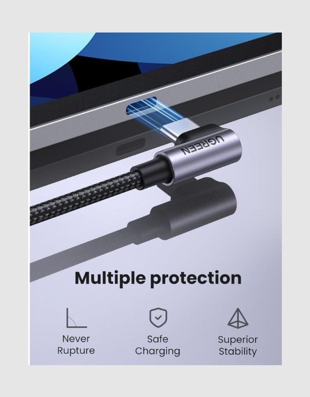 Ugreen - UGREEN 90 Degree Angle USB-C Male to USB-C Male 60W Braided Cable 1m