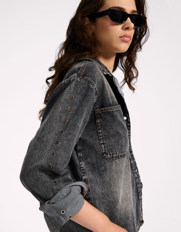ONE TEASPOON - Nixie Eyelet Classic Fit Denim Shirt - Charcoal Black