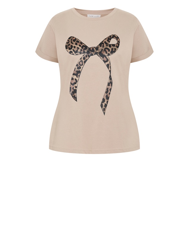City Chic - Plus size Cuffed Sleeve Bow Tee - stone