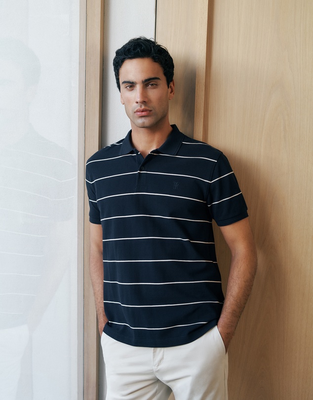 Trenery - Pique Stripe Monogram Polo in Navy