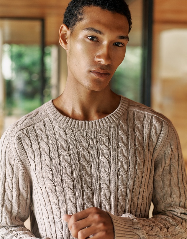 Trenery - Linen Cotton Cable Crew in Stone