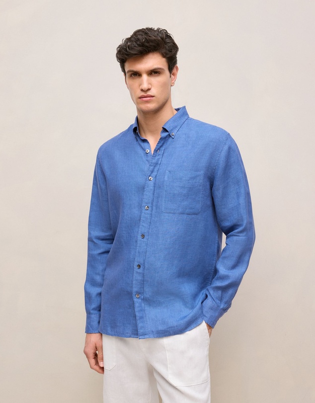 Trenery - Regular Fit Delave Linen Long Sleeve Shirt in Mineral Blue