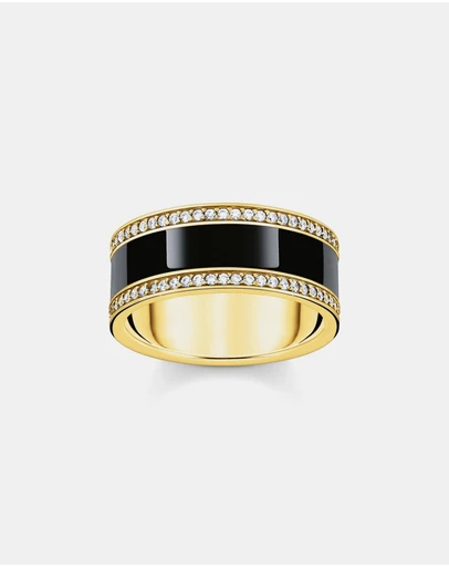 THOMAS SABO - Gold Band Ring with Black Cold Enamel and Zirconia