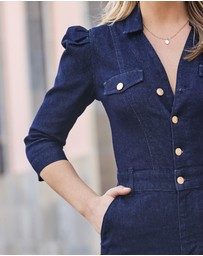 Sosandar - Puff Sleeve Kick Flare Denim Jumpsuit