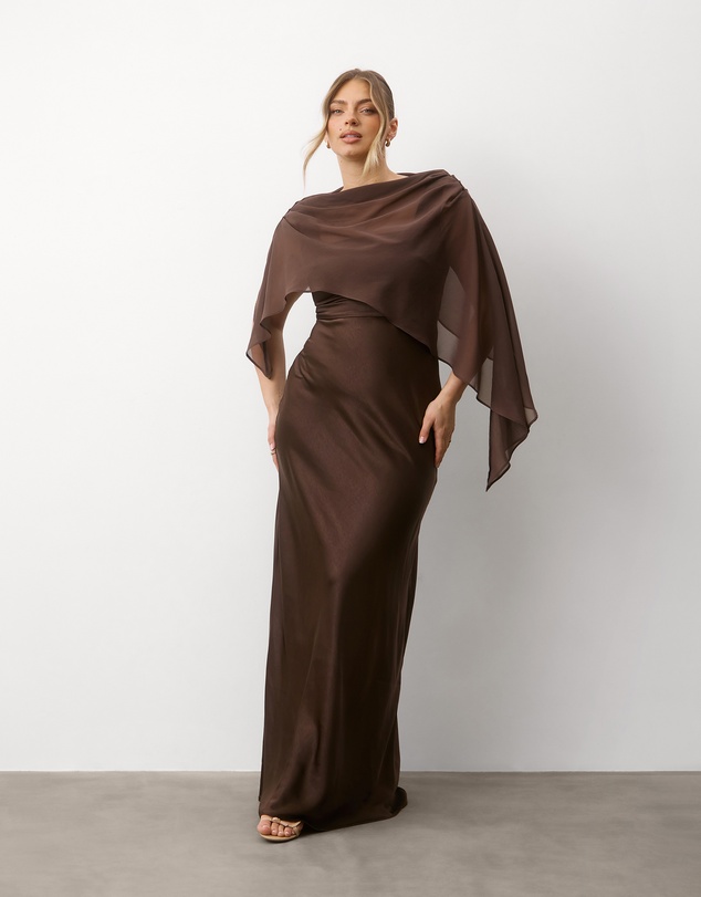 Six Stories - Square neck Satin Bridesmaid Dress with Chiffon Cape