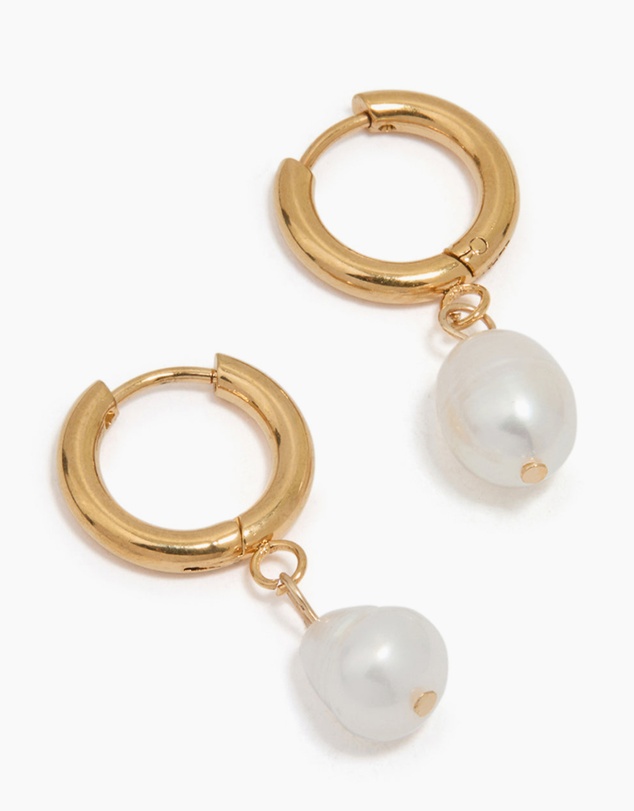 Lovisa - Waterproof Gold Plated Stainless Steel Freshwater Pearl Drop Huggie Earrings