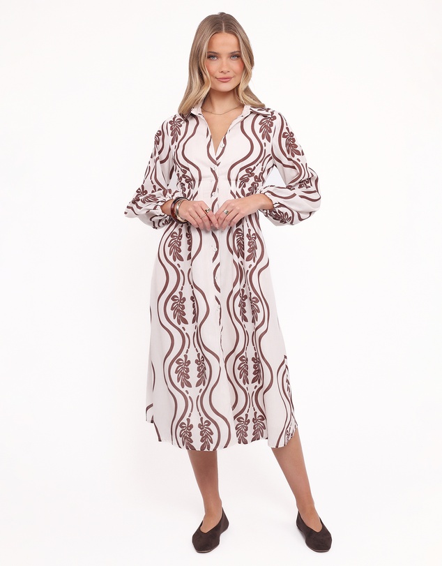 Petal & Pup - Lira Long Sleeve Midi Dress - Brown Print