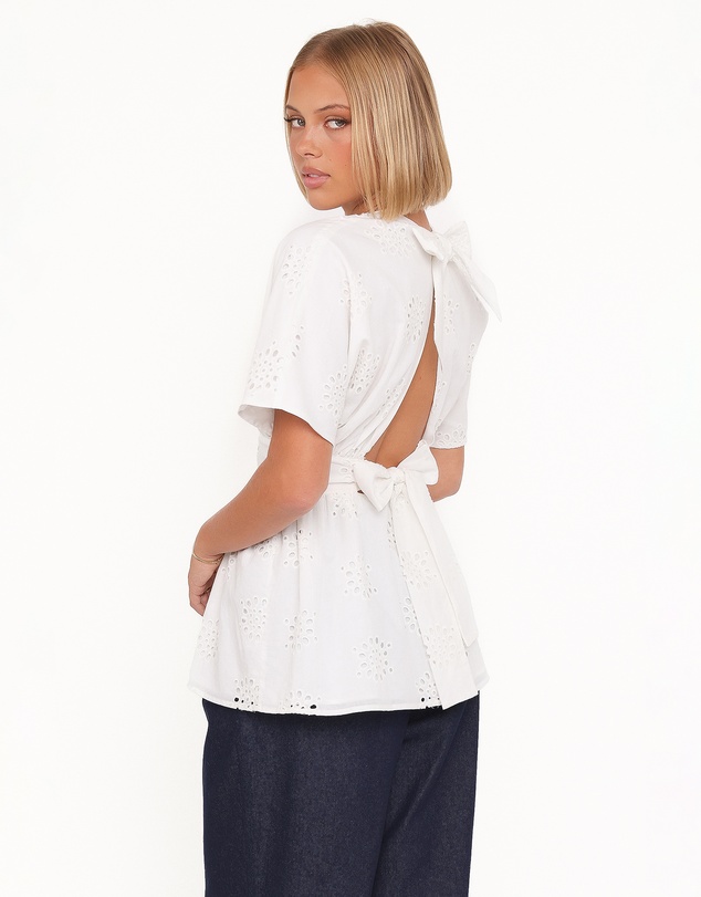 Petal & Pup - Carmel Tie Back Tunic Top - White Embroidery