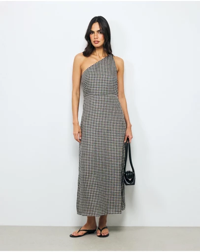 AERE - Ciela Gingham One Shoulder Midi Dress