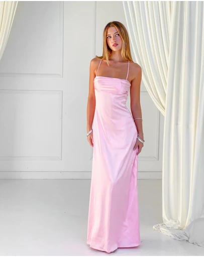 Beginning Boutique - Blaise Pink Satin Maxi Dress