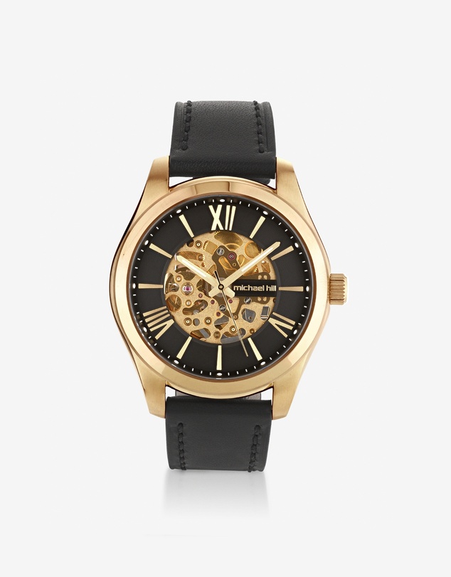 Michael Hill - Michael Hill Automatic Skeleton Watch In Gold Tone Stainless Steel And Leather