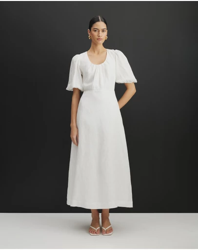AERE - Serena Linen Puff Sleeve Midi Dress