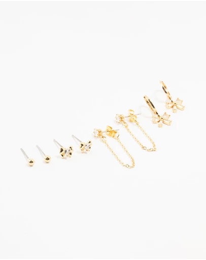 Lovisa - Gold Plated Brass Heart Bow Chain Earrings 4-Pack