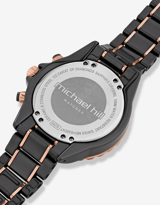 Michael Hill - Chronograph Watch with 0.50 Carat TW of Diamonds in Black Ceramic & Rose Tone Stainless Steel