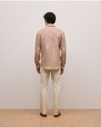 Trenery - Regular Fit Yarn Dyed Linen Grid Shirt in Camel