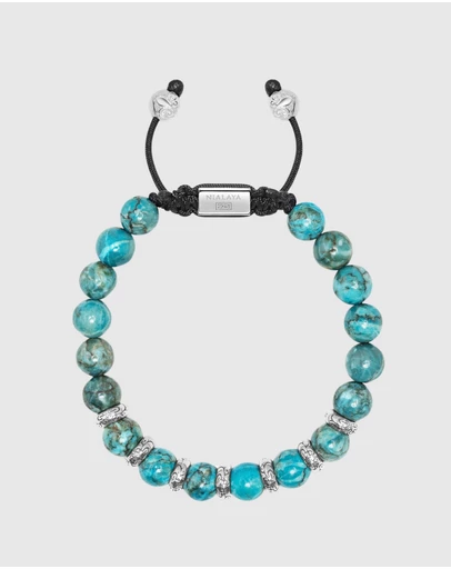 Nialaya Jewellery - Men's Sterling Silver Beaded Bracelet with Turquoise