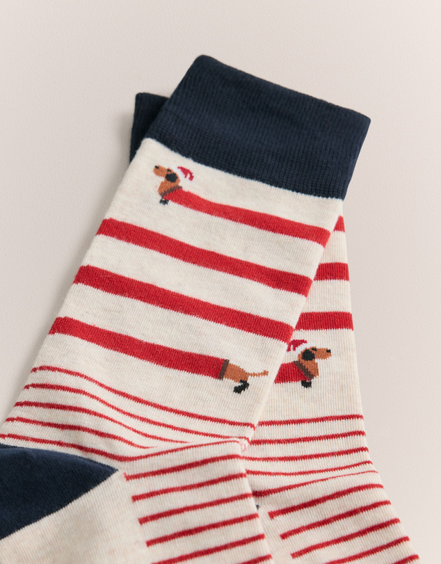 Trenery - Dachshund Santa Crew Sock in Oatmeal Marle