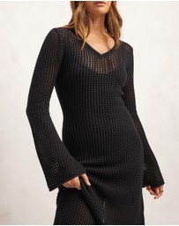 AERE - Open Knit Lined Flared Sleeve Panelled Skirt Midi Dress