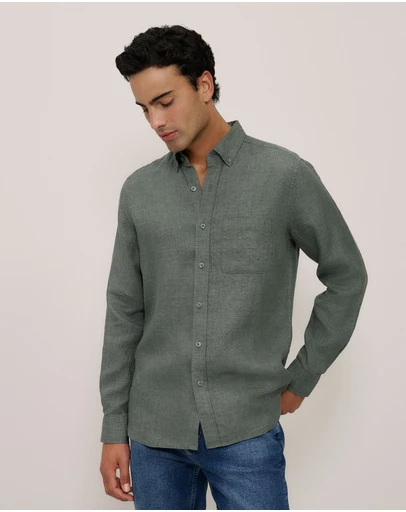 Trenery - Regular Fit Delave Linen Shirt in Evergreen