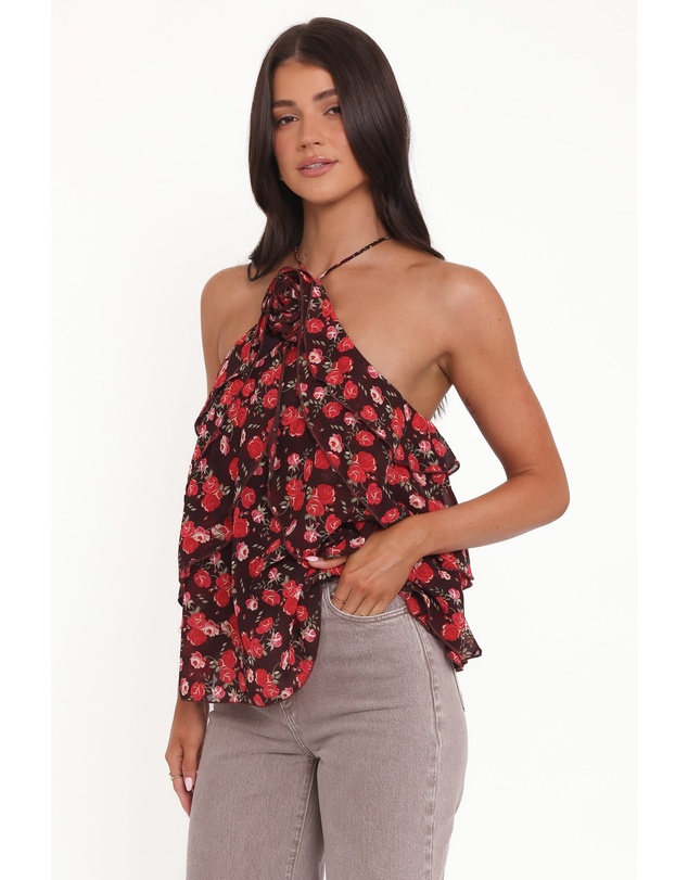 Petal & Pup - Zorina Halter Neck Chiffon Top - Brown Floral